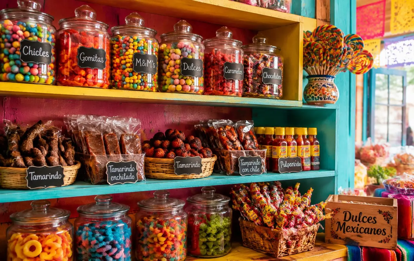 Estantería de madera de colores con frascos de dulces, tamarindos y paletas