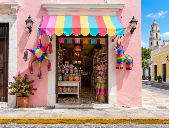 Piñatas de colores colgadas en la entrada de una dulcería