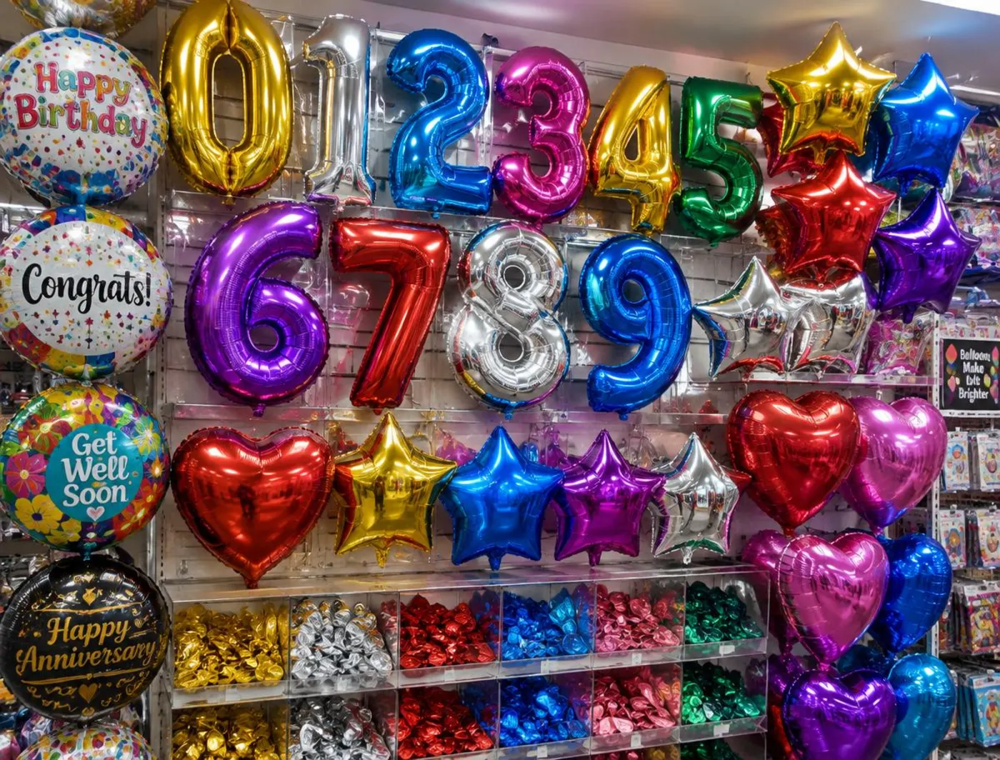 Exhibidor de globos metálicos con forma de números, estrellas y corazones