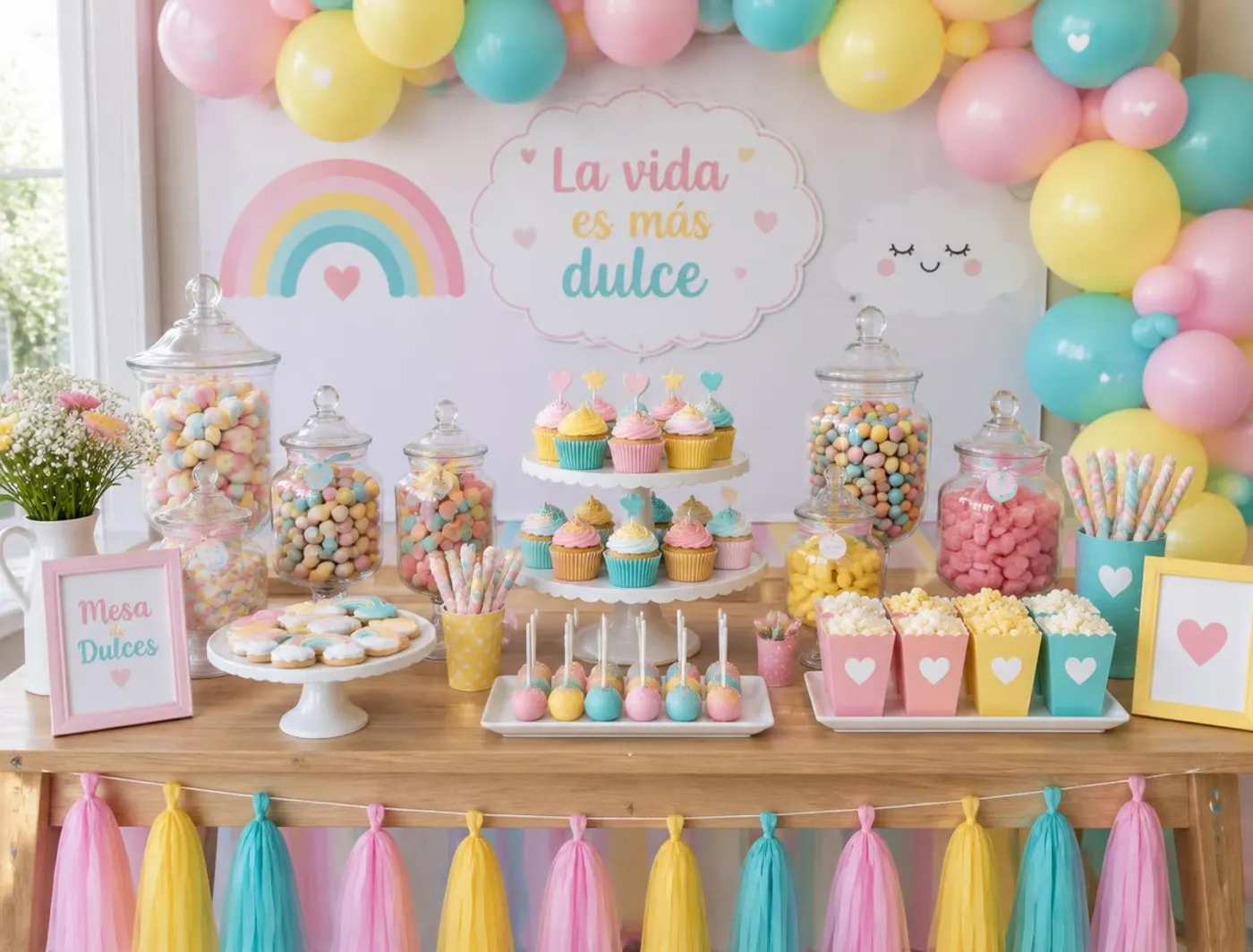 Mesa de dulces con frascos de colores, cupcakes y arco de globos pastel